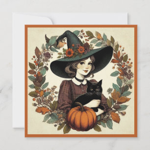Retro Halloween Witch with Black Cat and Pumpkin Card