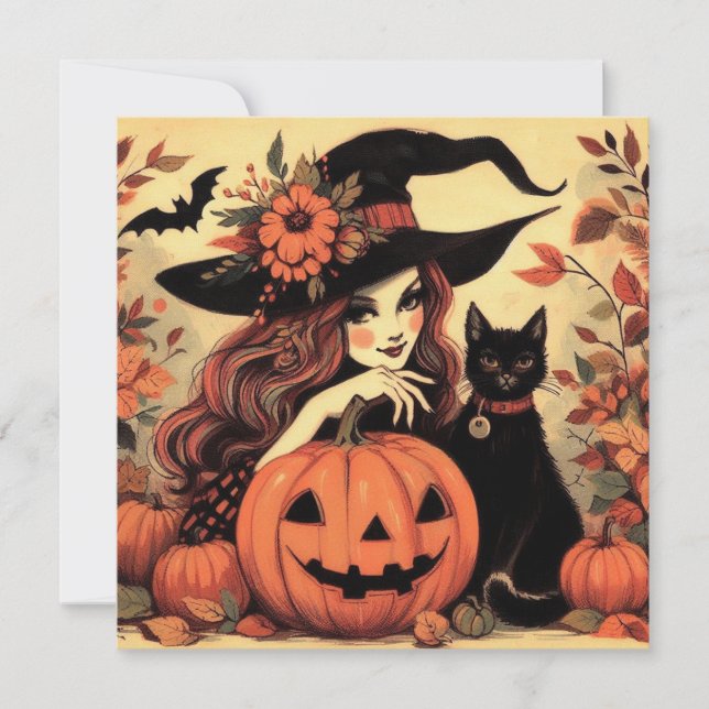 Retro Halloween Witch with Cat Flat Greeting Card (Front)
