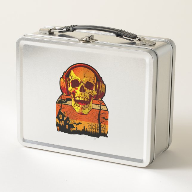 Retro Hallowen Skull Sticker Metal Lunch Box (Front)