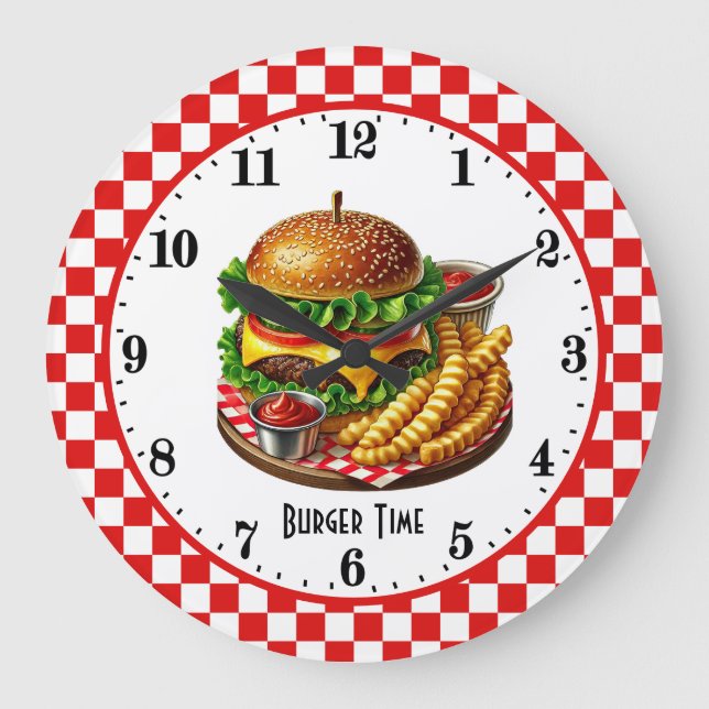 Retro hamburger fries 50's diner large clock (Front)