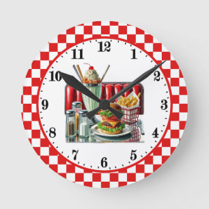 Retro hamburger fries 50's diner round clock