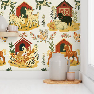 Retro hand drawn Baby Farm Animals Cream Wallpaper