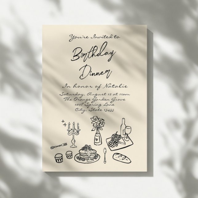 Retro Hand Drawn Birthday Dinner Party Modern Invitation (Creator Uploaded)