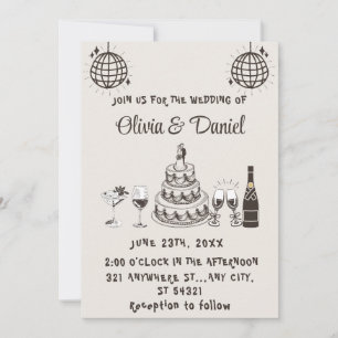 Retro Hand Drawn Black Cake Modern Wedding Invitation