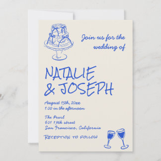 Retro Hand Drawn Blue Cake Bows Unique Wedding  Invitation