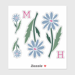 Retro Hand Drawn Blue Flowers Pink Monogram