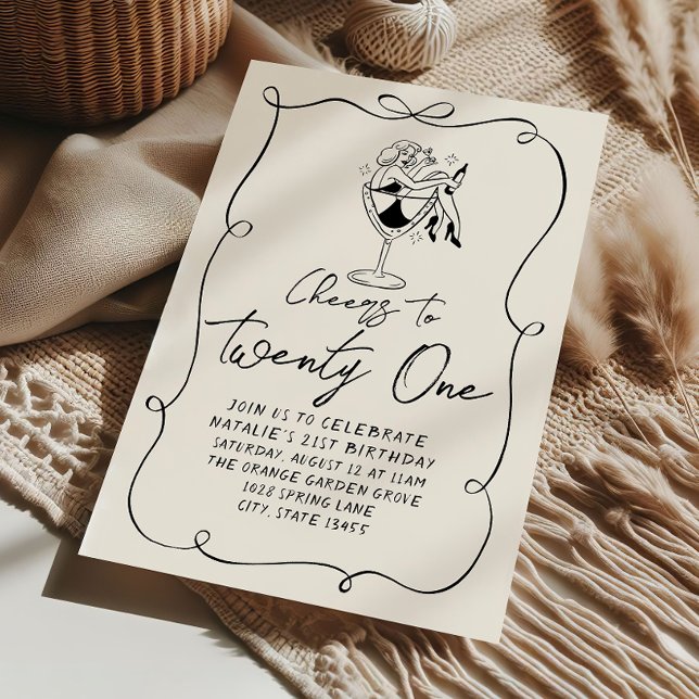 Retro Hand Drawn Bow 21st Coquette Birthday Party Invitation (Creator Uploaded)