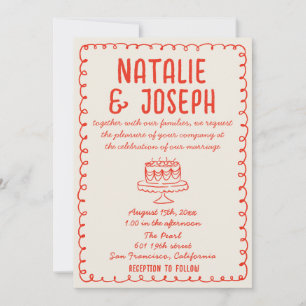 Retro Hand Drawn Cake Funky Quirky Unique Wedding Invitation