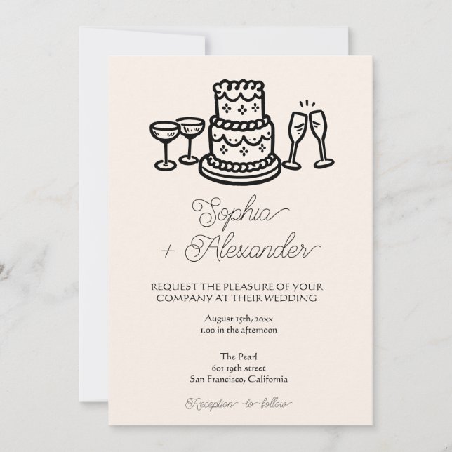 Retro Hand Drawn Cake QR Wedding Invitation (Front)