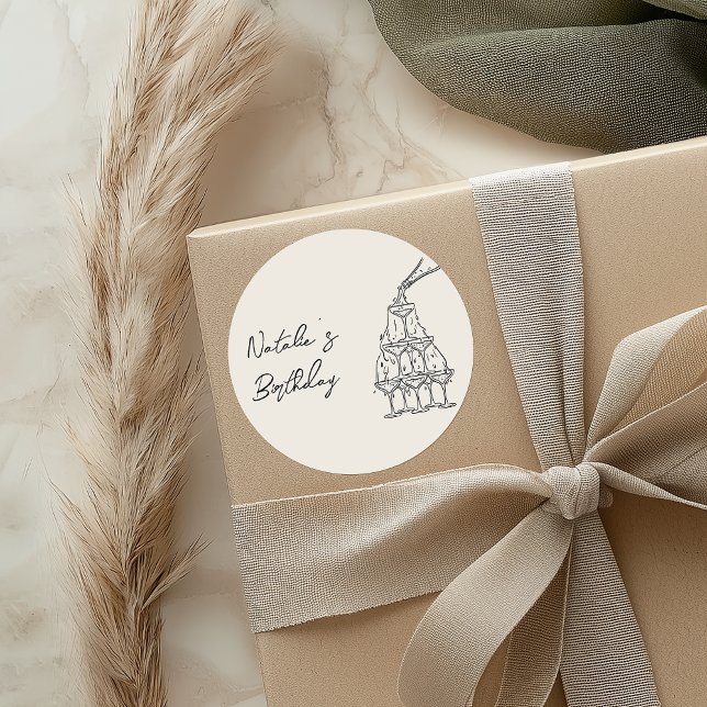 Retro Hand Drawn Champagne Tower Birthday Party Classic Round Sticker (Creator Uploaded)