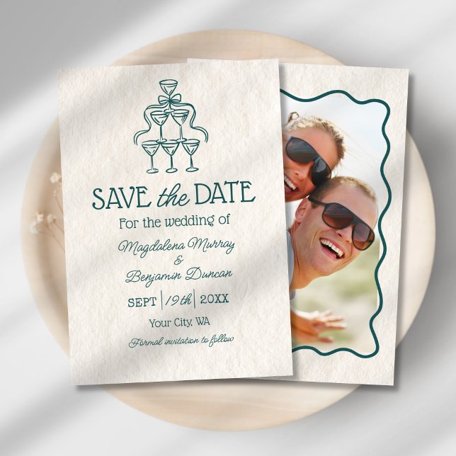 Retro Hand Drawn Champagne Tower Photo Wedding Save The Date (Creator Uploaded)
