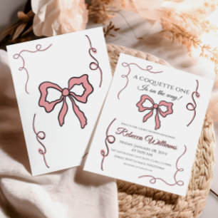 Retro Hand Drawn Coquette Pink Bow Baby Shower Invitation