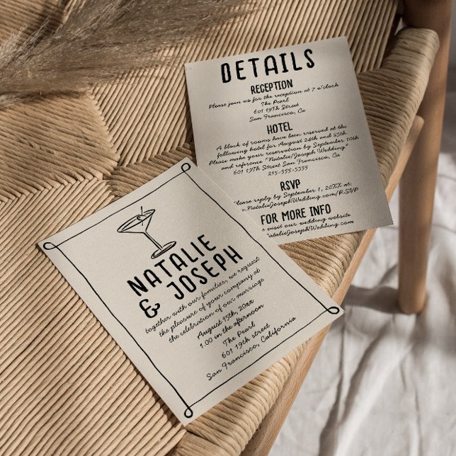 Retro Hand Drawn Frame Cocktail All In One Wedding Invitation (Creator Uploaded)