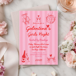 Retro Hand Drawn Galentine's Girls Night Party Invitation