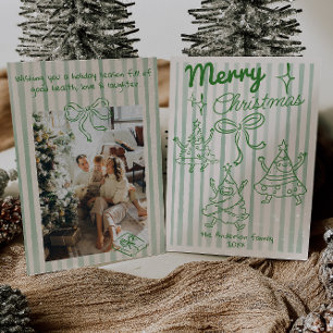 Retro Hand Drawn Green Funny Christmas Trees Bow Holiday Card