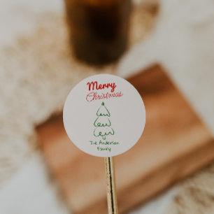 Retro Hand Drawn Green Red Abstract Christmas Tree Classic Round Sticker