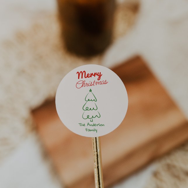 Retro Hand Drawn Green Red Abstract Christmas Tree Classic Round Sticker (Creator Uploaded)