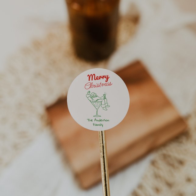 Retro Hand Drawn Green Red Santa Claus Christmas Classic Round Sticker (Creator Uploaded)