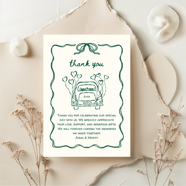 Retro Hand-drawn Green Unique Bow Wedding Car Thank You Card (Green Hand-Drawn Wedding Thank you Car with Hand illustrated wedding send off - retro, vintage cute)