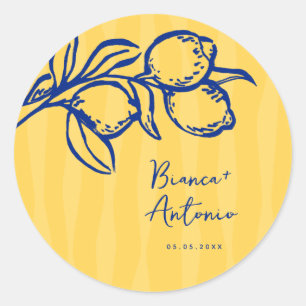Retro Hand Drawn Handwritten Blue Italian Wedding Classic Round Sticker
