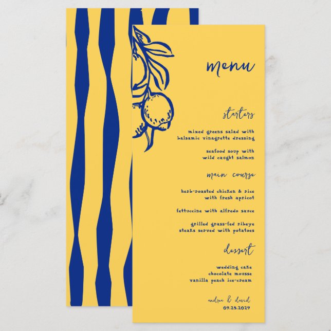 Retro Hand Drawn Handwritten Blue Italian Wedding Menu (Front/Back)