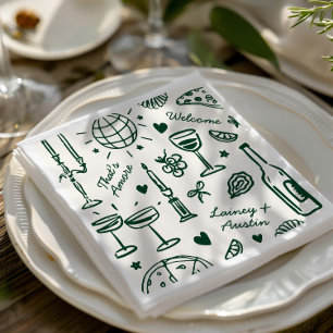 Retro Hand-Drawn Illustrated Wedding Napkin