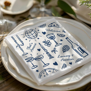 Retro Hand-Drawn Illustrated Wedding Napkin