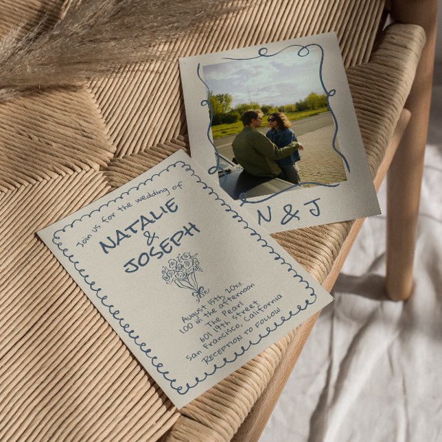 Retro Hand Drawn Navy blue Funky Photo Wedding Invitation (Creator Uploaded)