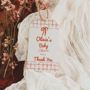 Retro Hand Drawn Neutral Bow Gingham Baby Shower Gift Tags