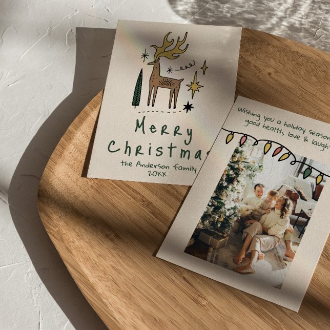 Retro Hand Drawn Painted Reindeer Merry Christmas Holiday Card (Creator Uploaded)