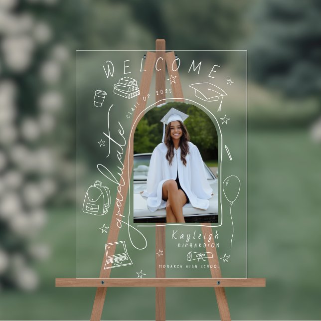 Retro Hand Drawn Photo Graduation Welcome Acrylic Sign (Shown on a 12" x 18" acrylic sign
)