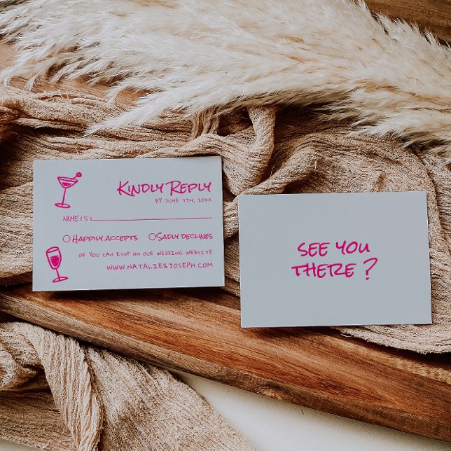 Retro Hand Drawn Pink Colourful Funky Wedding  RSVP Card (Creator Uploaded)