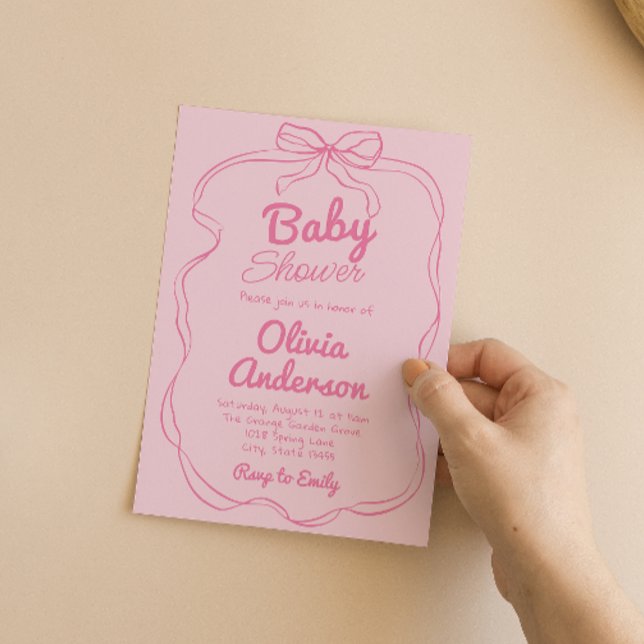  Retro Hand Drawn Pink Coquette Baby Girl Shower Invitation (Creator Uploaded)