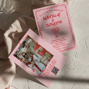 Retro Hand Drawn Pink Red Photo QR Code Wedding Invitation