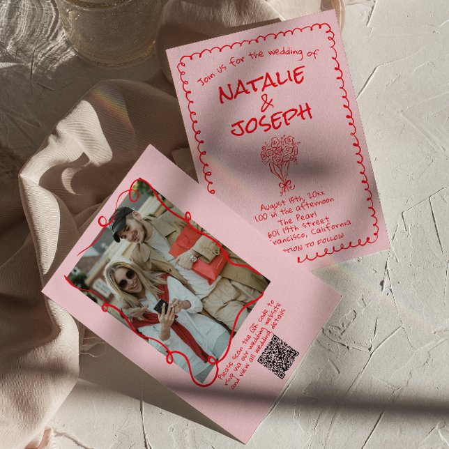 Retro Hand Drawn Pink Red Photo QR Code Wedding Invitation (Creator Uploaded)