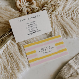 Retro Hand Drawn Pink Yellow Stripes Trendy Boho Business Card
