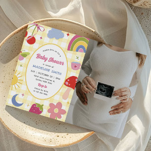 Retro Hand Drawn Quirky Baby Shower Photo Invitation