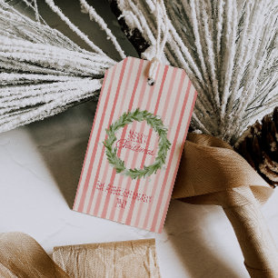 Retro Hand Drawn Red Green Merry Christmas Wreath  Gift Tags