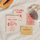 Retro Hand Drawn Red Quirky Cake Modern Wedding  Invitation<br><div class="desc">This wedding invitation is perfect for your wedding if you are looking for an elegant unique and easy editable invitation .An elegant unique simple minimalist red and cream wedding template invitation. Which features plain creamy milky background on the front and hand drawn quirky sketchy heart cake with wine bottle and...</div>