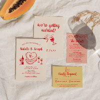 Retro Hand Drawn Red Quirky Cake Modern Wedding 