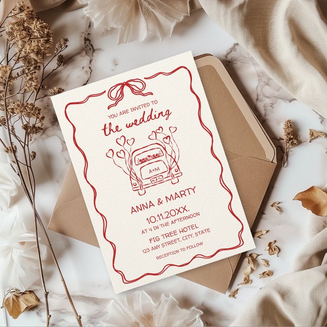 Retro Hand-drawn Red Unique Bow Wedding Car Invitation (The wedding invitation hand illustrated quirky funky whimsical red hand drawn bow french vintage)