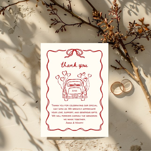 Retro Hand-drawn Red Unique Bow Wedding Car Thank You Card (hand illustrated hand drawn wedding thank you card in red, funky retro vintage quirky whimsical)