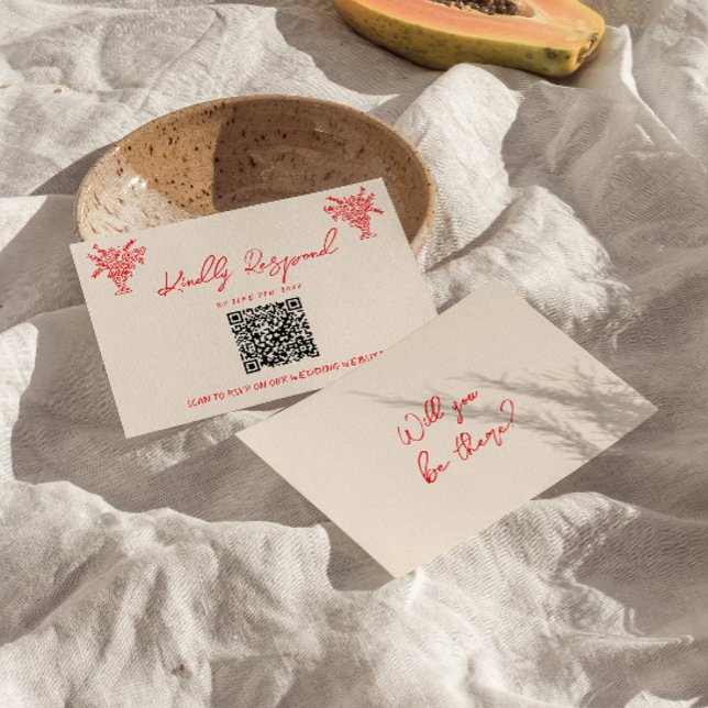 Retro Hand Drawn Red Unique QR Code Wedding RSVP Card (Creator Uploaded)
