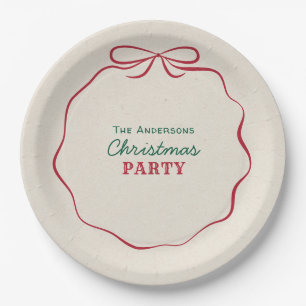 Retro Hand Drawn Ribbon Bow Christmas Party Paper Plate