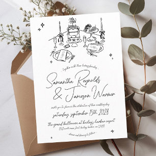 Retro Hand Drawn Scribble Black & White Wedding Invitation