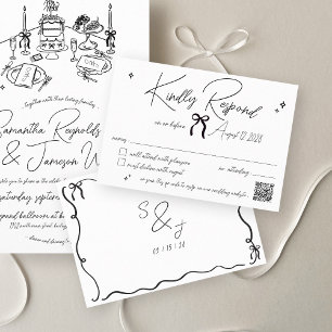 Retro Hand Drawn Scribble Black & White Wedding RSVP Card