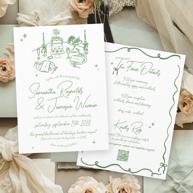 Retro Hand Drawn Scribble Green & White Wedding Invitation (Retro sage green and white hand drawn illustration bows handwritten whimsical wedding invitation)