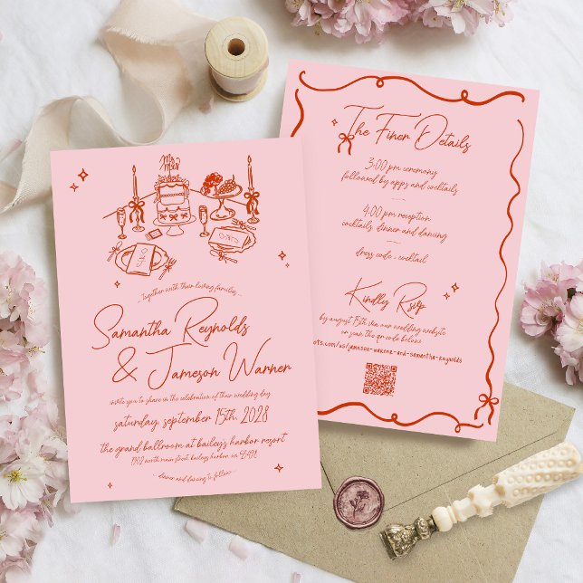 Retro Hand Drawn Scribble Pink & Red Funky Wedding Invitation (Unique pink and red retro modern funky whimsical modern elegant hand drawn qr code wedding invite)
