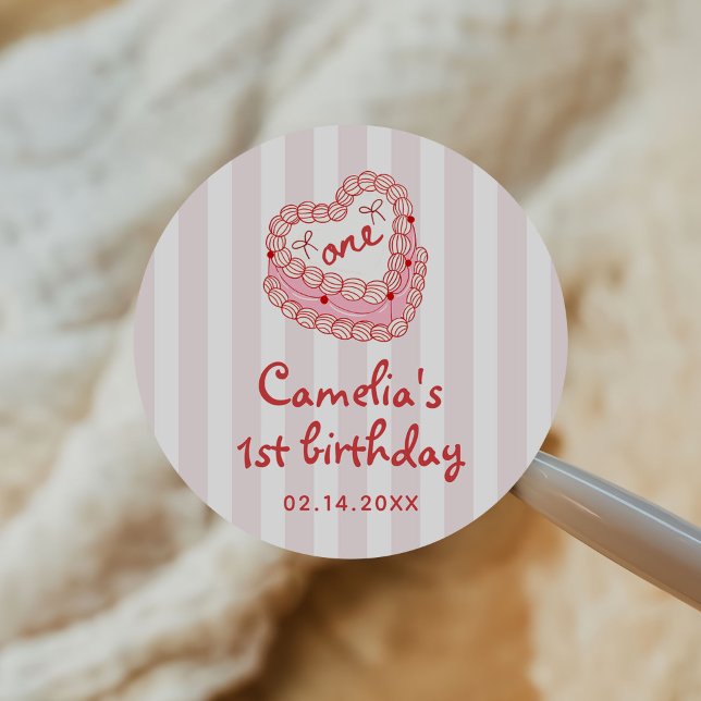 Retro Hand Drawn Valentine Girl First Birthday Classic Round Sticker (Creator Uploaded)