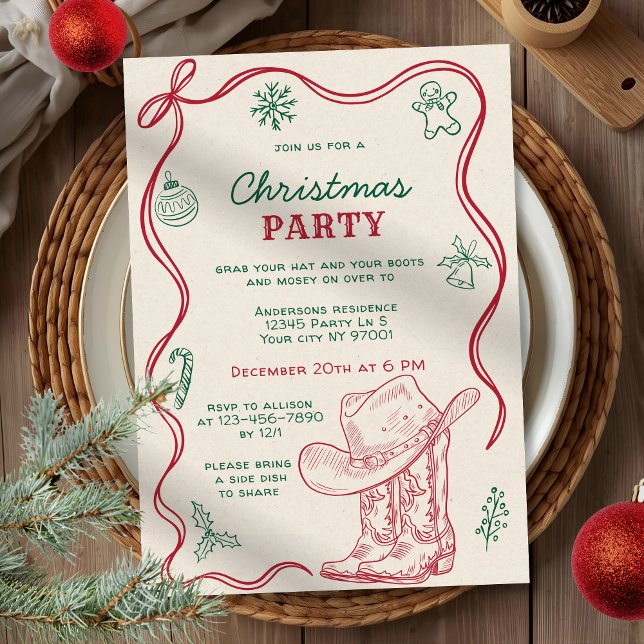 Retro Hand Drawn Western Cowboy Christmas Party Invitation (Creator Uploaded)